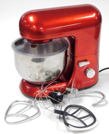 An Andrew James red kitchen mixer, with stainless steel bowl, and plastic guard.