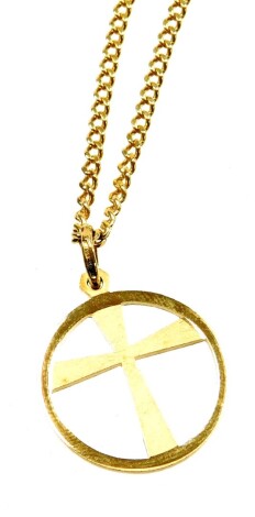 An 18ct gold crucifix pendant and chain, the circle border with central crucifix 2cm high, on a curb link 18ct gold chain, 60cm long, 14.3g all in.