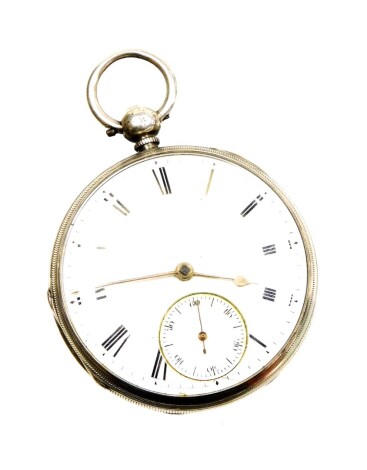 A Victorian silver pocket watch, with white enamel dial, seconds dial and silvered hands, on a key wind movement, London 1860, 103.4g all in.