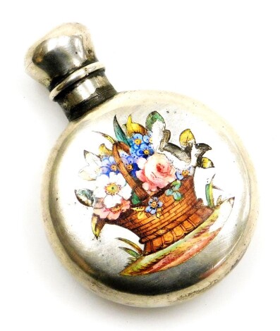 A small Victorian silver and enamel scent bottle, with detailing of flowers in a basket (AF) in a silver case, Birmingham 1896, 6cm high, 29.9g all in.