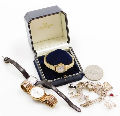 A group of costume jewellery, to include a Rotary ladies wristwatch, Lorus ladies watch, a Pulsar ladies watch, silver and silver plated charm bracelet and an Elizabeth II collectors coin. (a quantity)