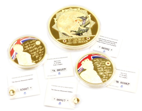 A group of Windsor Mint Queen collectors coins, to include The Queen's Diamond Jubilee 03007, The Queen's Diamond Jubilee 00917, First Verse V01082, Second Verse A00157 and Saint of St George 00392. (5)