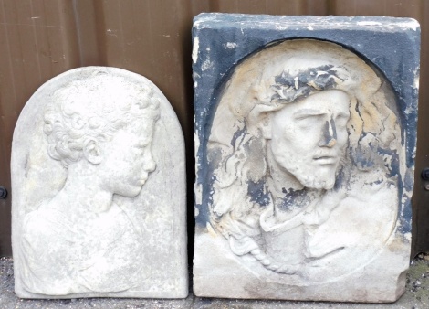 Two reconstituted stone wall plaques, each depicting figures of ladies, 50cm and 45cm.