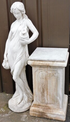 A reconstituted stone figure of a Greek Goddess, carrying pitchers, on a plinth base with a marbled platform, the figure 121cm high, the base with marble addition 73cm high.