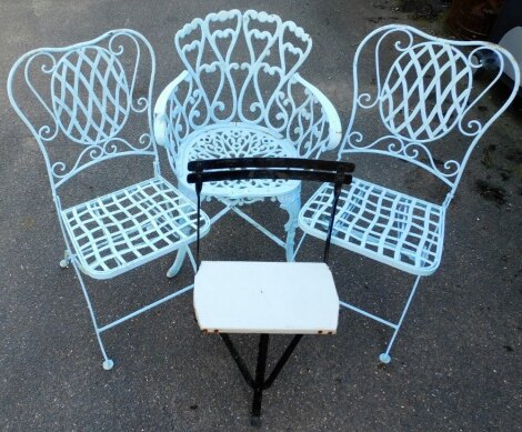 Various metal outside chairs, to include a metal armchair painted in pale blue, two bistro chairs also painted in blue and another chair. (4)