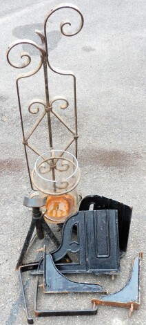 Various garden items, to include cast metal hanging basket bracket, a jack and wall mounted candle stand, with cast inset tray, 95cm high.