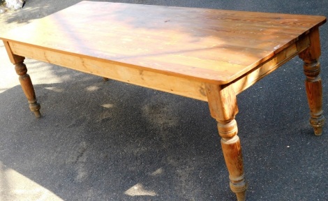 A large pine refectory table, the varnished pine top on four tapered columns, with later pine additions and restorations, 73cm high, 242cm long, 87cm deep.