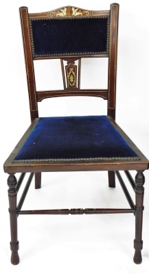 Two Edwardian bedroom chairs, to include one with a marquetry inlaid back on a blue velvet seat, on tapered stem legs, 87cm high, 42cm wide, 44cm deep, together with a similar example with similar marquetry banding and a blue velvet button back top panel - 2