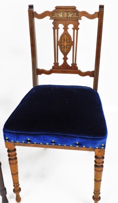 Two Edwardian bedroom chairs, to include one with a marquetry inlaid back on a blue velvet seat, on tapered stem legs, 87cm high, 42cm wide, 44cm deep, together with a similar example with similar marquetry banding and a blue velvet button back top panel - 3