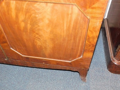 A George III mahogany secretaire bookcase, with a stepped arch pediment with satinwood stringing, flame frieze over two tall hour glass and diamond shaped astragal doors, the fall front secretaire drawer having satinwood and ebony stringing with flamed ca - 6