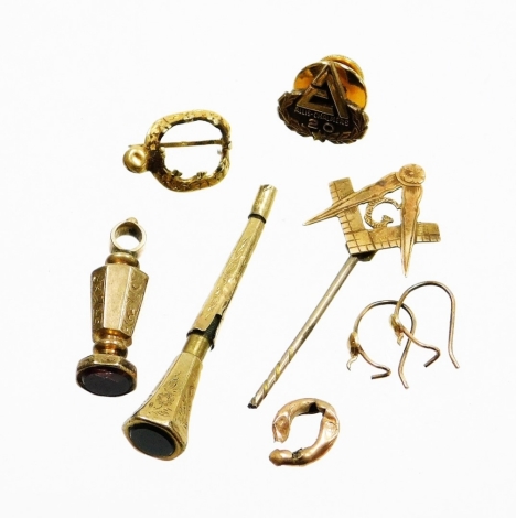 A group of yellow metal part jewellery and other items, to include earring backs, brooch frames, Masonic topped stick pin, tie pins, etc., 10.6g all in.