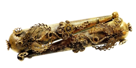 An Eastern filigree inspired double bar brooch, with two drops and applied silver filigree gilt detailing, but unmarked overall, 6cm wide, 6.5g all in.