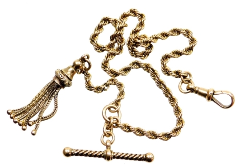 A 9ct rose gold watch chain, 32cm long, with T bar tassel end and clip, stamped 9c, 15.6g all in.