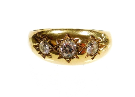 A 9ct gold three stone set dress ring, set with three imitation diamonds in star setting, ring size V½, 4.7g all in, boxed.