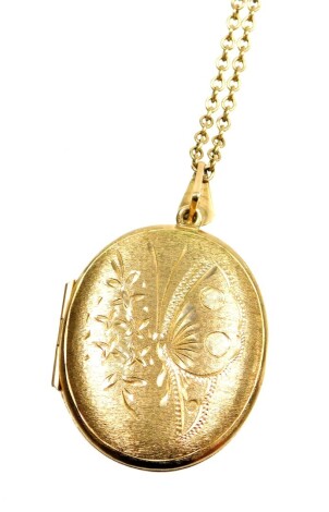 A 9ct gold locket and chain, the locket with hammered decoration of butterflies and flowers, 3.5cm high, on a fine curb link chain, 50cm long, 14.3g all in.