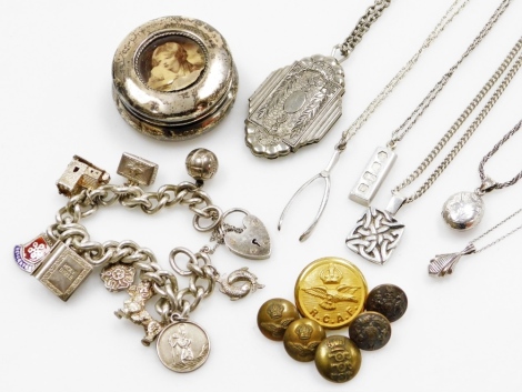 A group of silver an other jewellery and trinkets, to include a silver charm bracelet, with some silver and some silver plated charms and padlock clasp, silver plated chains, silver locket pendants, miniature silver trinket pot, military button, etc., wei