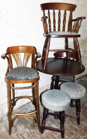 Pub interest. A cast iron based circular pub table with two chairs, bar stools and high stool, the table 77cm high, 75cm diameter.