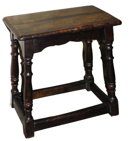 An early 19thC oak joint stool, on a rectangular base with two panel top, 55cm high, 53cm wide, 32cm deep.