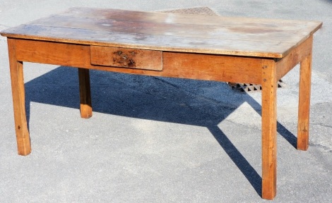 An early 19thC oak kitchen table, with single drawer and peg supports, 76cm high, 167cm wide, 81cm deep.