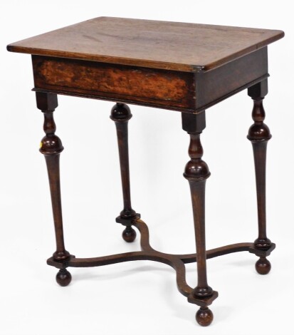 A late 19thC oak and beech side table, with an x frame stretcher base with later applied mahogany loose top panel, 68cm high, 60cm wide, 40cm deep.