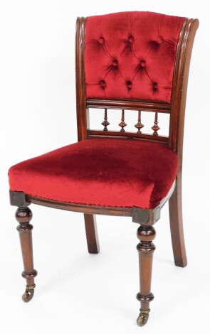 An Edwardian style mahogany bedroom chair, with red button back velvet type upholstery, 85cm high, 45cm wide, 38cm deep.