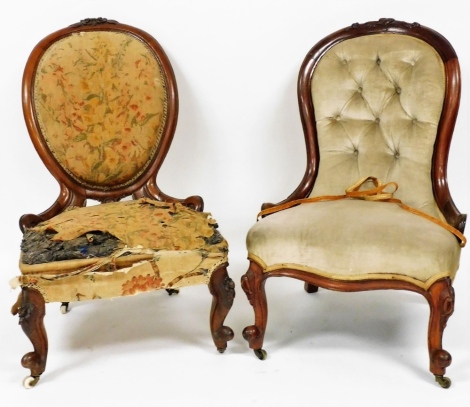 Two Victorian spoon back nursing chairs, one in a cream button back material, with walnut carved borderings, 94cm high, 52cm wide, 50cm deep, together with a slightly later example walnut framed in need of re-upholstery, 94cm high, 52cm wide, 50cm deep.