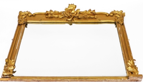 An early 20thC gilt wood framed over mantel mirror, with rococo scroll decoration with rectangular mirror plate, 108cm high, 117cm wide.