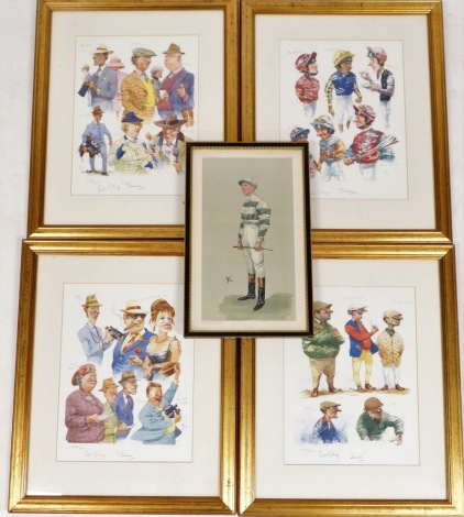 Four framed caricatures limited edition by Peter Owen, to include The Owners limited edition 482/500, Lads 482/500, Trainers 318/500, and Jockeys 274/500, each 36cm x 27cm, in modern frames, together with a Vanity Fair jockey print, 34cm x 19cm, framed an