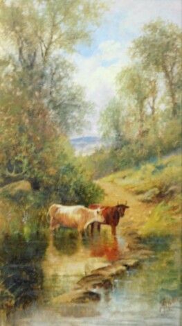 J Moore (19thC School). Cattle scene, oil on board, 21.5cm x 10cm, in a gold mount with walnut frame.