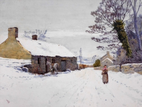 19thC School. Farm Scene in Winter, watercolour, signed in pencil to corner, 24cm x 35cm, in gilt frame.