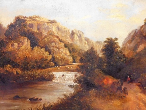 19thC School. River and mountainous landscape scene with figures and cattle, oil on board, 30cm x 39cm.