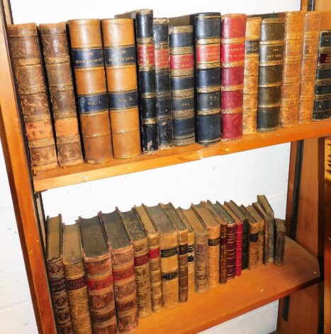 A quantity of gilt and leather bound books, to include Life Of John Wildman, The Art Bible, Foxes Book of Martyrs, History Of Music, The Book Of Days Volume One and Two, etc. (2 shelves)