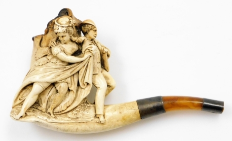 A meerschaum pipe, with silver plated ends, and amber cheroot with decorative three neoclassical figure body, 8cm high.