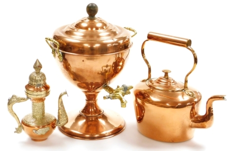 A group of copper wares, to include a copper kettle, copper samovar and Eastern style coffee pot. (3)