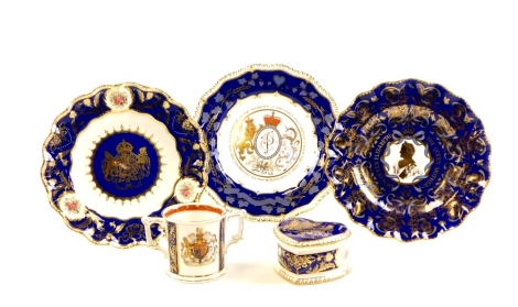 A group of Royal Crown Derby ceramics, to include three wall plates, mug and a trinket box, boxed. (5)