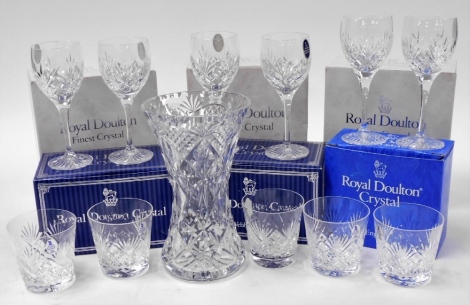 A group of Royal Doulton crystal, to include four tumblers, six champagne flutes, vase, etc. (boxed)