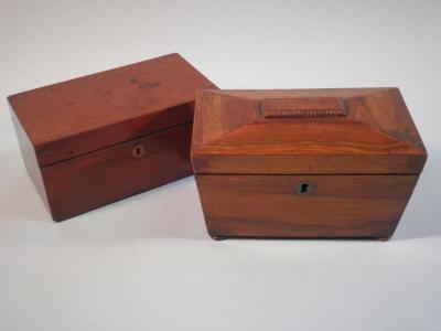 A William IV walnut sarcophagus shaped tea caddy and another tea caddy (2)