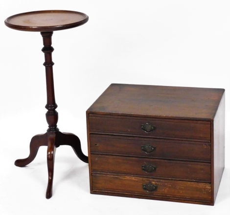 Two items of furniture, to include a small wine table on tripod base, 61cm high, 30cm wide, and a three drawer mahogany storage chest, 32cm high, 44cm wide, 32cm deep.