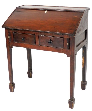 A late 19thC mahogany bureau, with full flap opening to reveal green velvet inlay with cupboard section with a bone set key hole above two doors, on tapered legs, 103cm high, 77cm wide, 45cm deep.