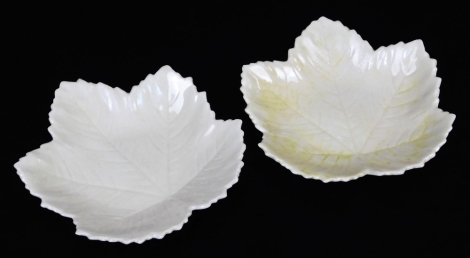 A pair of Belleek Sycamore plates, of moulded leaf shape, black third period mark, 13cm. For a similar example see Belleek Irish Porcelain page 181 bottom R.H.S