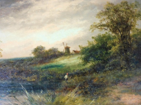 R. Kerry (19thC School). Field scene with windmill and farm, oil on canvas, signed, 39cm x 60cm, in gilt ornate frame.