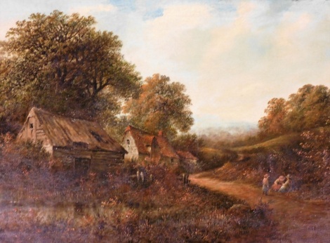 S. Eyres (19thC School). Farm scene with three figures by a path near outbuildings, oil on canvas, 39.5cm x 60cm, in gilt ornate frame.