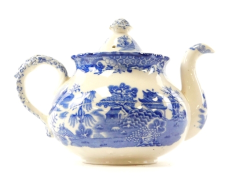 A Royal Worcester blue and white teapot, with floral finial, shaped spout and floral handle, stamp to underside, 13cm high.