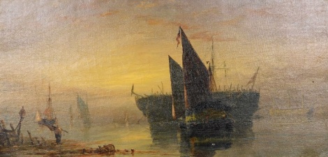 Richard Henry Nibbs (1816-1893). 'On the Thames', estuary scene with ships and figures, oil on canvas, signed, 23cm x 46cm.