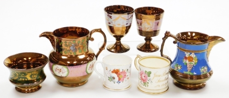 Two Victorian copper lustre jugs, two goblets and a bowl and two mid 19thC English porcelain mugs, one inscribed 'Jane Bradford Sandback 1849'. (7)