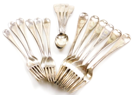 Three George III silver fiddle pattern teaspoons, London 1809, and another 1836, and six EP dessert forks and dinner forks.