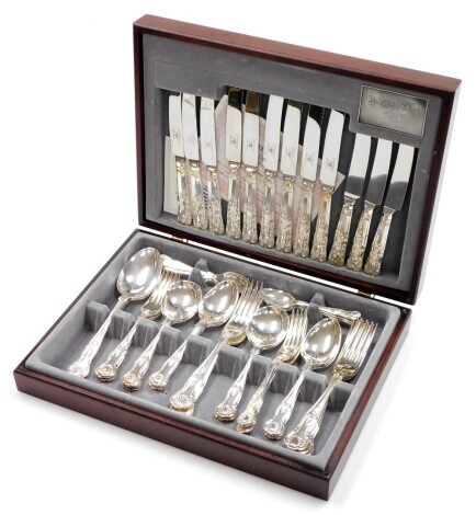 An Inkerman EPNS Kings pattern six piece canteen of cutlery, in a mahogany case, 39cm high, 28cm wide