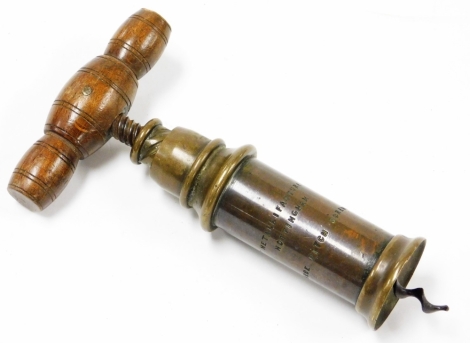 A Thomason's type brass and wooden corkscrew, stamped to the barrel, Metallifacture Nottingham, coarse pitch screws, 15cm high.