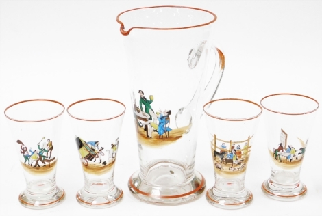 A mid century five piece glass lemonade set, decorated with scenes from Charles Dickens Pickwick Papers, comprising lemonade jug and four glasses.