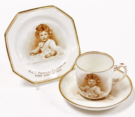 A Paragon porcelain trio commemorating the birth of Her Majesty Queen Elizabeth II, Our Empire's Little Princess, born April 21st 1926, showing a portrait of Her Majesty as a young girl, printed marks, comprising cup, saucer and octagonal plate.